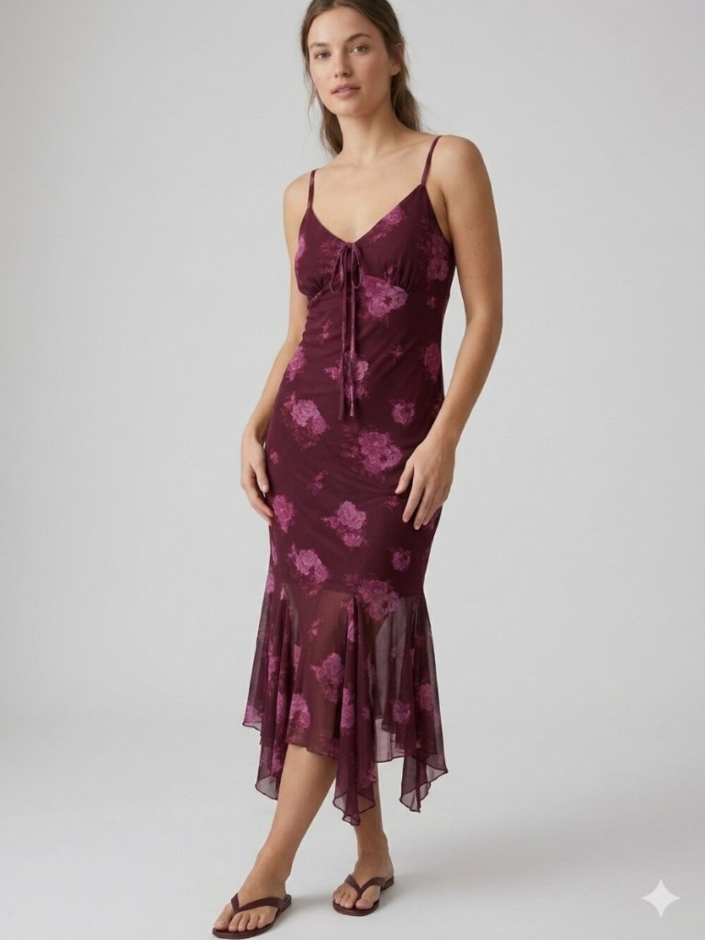 No Comment Floral Mesh Slip Midi Dress Burgundy M Y2K NWT